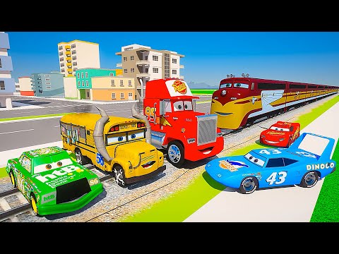 Disney Cars McQueen in trouble with Destructive Train Trev & Friends The King Truck Mack Chick Hicks