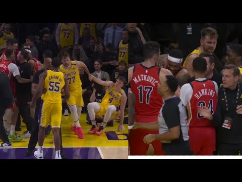 Luka Doncic & LBJ protect Dalton Knecht in FIGHT & pushes Bruce Brown in fight! Then laughs at Brown