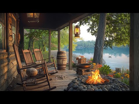 Spring Morning Ambience on the Porch by the Lake | Nature Sounds, Fireplace for Study & Relaxation