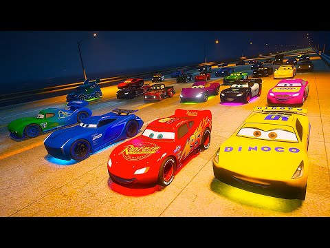 Night Race Cars McQueen VS Random Pixar Cars  Cruz Ramirez Sarge Holley Shiftwell Jackson Storm DJ