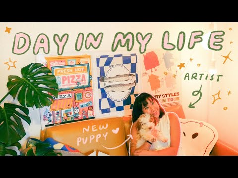 artist day in the life ✨ art studio decorating, painting & new puppy routine!