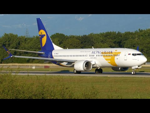 4K | *RARE* MIAT Mongolian Boeing 737-8 MAX takeoff at Geneva/GVA/LSGG