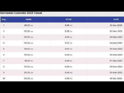 Tabuk Ramadan Calendar 2025 | Ramadan Calendar 2025 Saudi Arabia