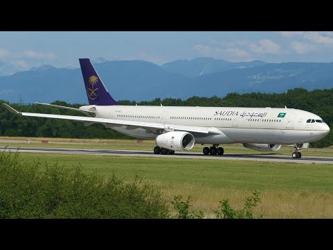 4K | Saudia Airbus A330-300 takeoff at Geneva/GVA/LSGG