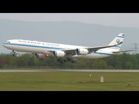 4K | State of Kuwait Airbus A340-500 9K-GBA landing & takeoff at Geneva/GVA/LSGG