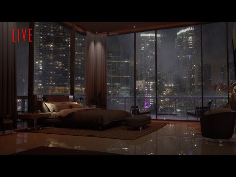 24/7 In An Exclusive Luxury Miami Condo  | Heavy Rain & Thunder | Rain On Window