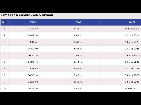 Al Khobar Ramadan Time Table 2025 | Ramadan Calendar 2025 Saudi Arabia