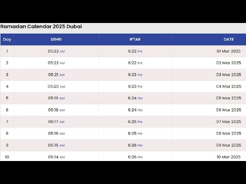 Dubai Ramadan Time Table Calendar 2025 | UAE Ramadan Calendar 2025