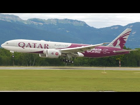 4K | Qatar *FIFA World Cup* Boeing 777-200LR landing at Geneva/GVA/LSGG