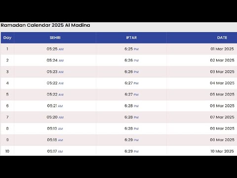 Al Madina Ramadan Time Table 2025 | Ramadan Calendar 2025 Saudi Arabia