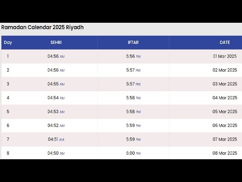 Riyadh Ramadan Calendar 2025 | Ramadan Calendar 2025 Saudi Arabia