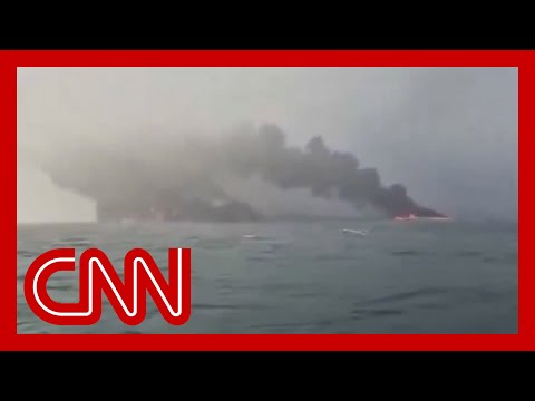 Huge fire after oil tanker and cargo ship collide