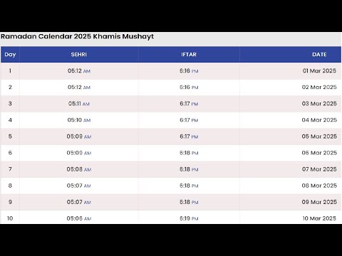 Mushayt Ramadan Calendar 2025 | Ramadan Calendar 2025 Saudi Arabia
