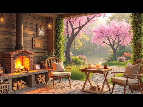 Spring Morning in Cozy Garden 4K Ambience with Relaxing Jazz, Birdsongs and Campfire Sounds