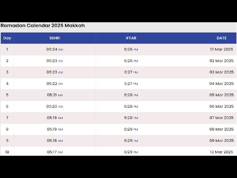 Makkah Ramadan Calendar 2025 | Ramadan Calendar 2025 Saudi Arabia