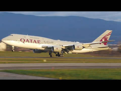 4K | Qatar Amiri Boeing 747-8(BBJ) A7-HHF landing & takeoff at Geneva/GVA/LSGG