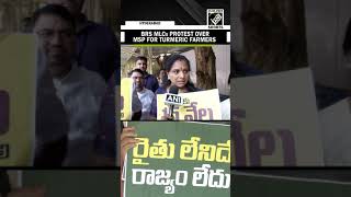 BRS MLCs protest over MSP for turmeric farmers outside Telangana Legislative Council in Hyderabad