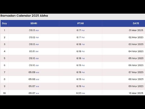 Abha Ramadan Time Table 2025 | Ramadan Calendar 2025 Saudi Arabia