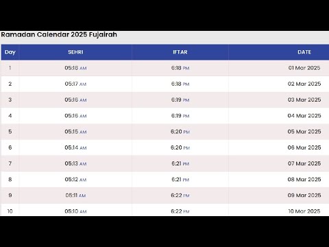 Fujairah Ramadan Time Table Calendar 2025 | UAE Ramadan Calendar 2025