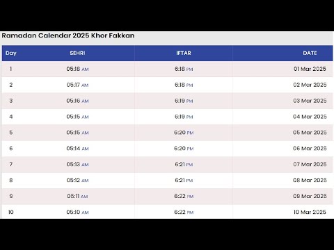 Fakkan Ramadan Time Table Calendar 2025 | UAE Ramadan Calendar 2025