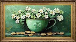 Vintage St. Patrick's Shamrock, Rustic Moody Oil Painting | Gold Framed Art Screensaver for TV