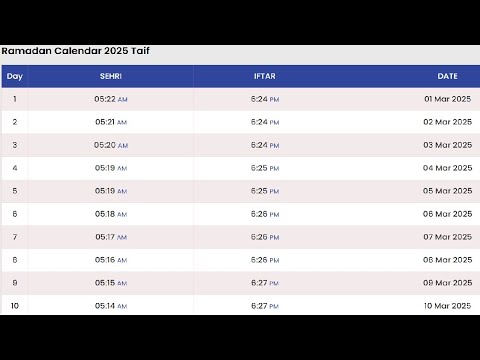 Taif Ramadan Calendar 2025 | Ramadan Calendar 2025 Saudi Arabia