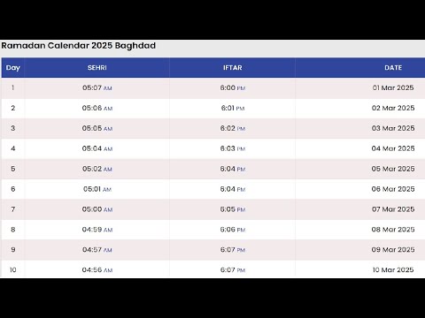 Baghdad Ramadan Time Table Calendar 2025 | Ramadan Calendar 2025