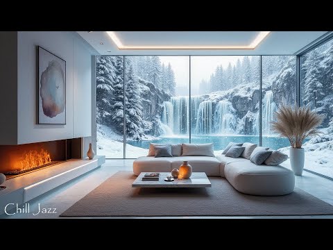 Frozen Waterfall by Cozy Winter Villa Ambience with Warm Instrumental Jazz Music & Fireplace