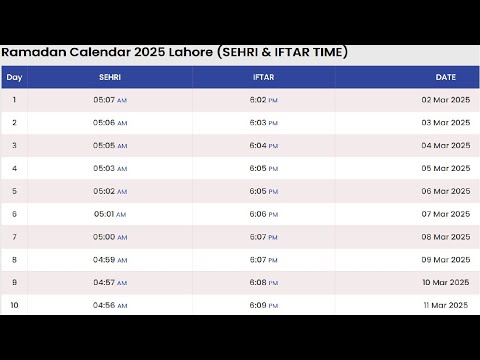 Lahore Ramadan Time Table Calendar 2025 | Pakistan Ramadan Calendar 2025