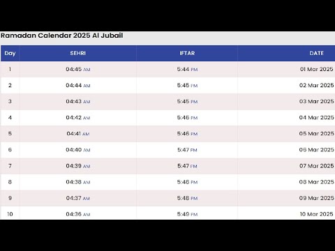 Al Jubail Ramadan Time Table 2025 |  Ramadan Calendar 2025 Saudi Arabia