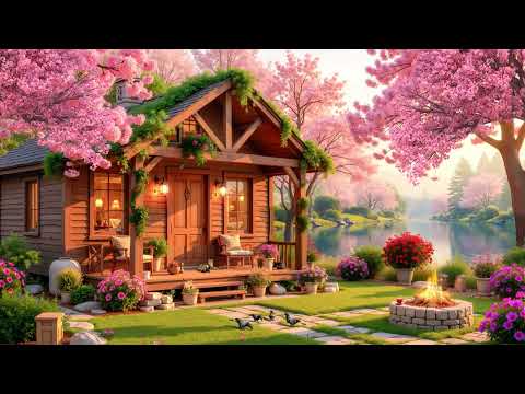 4K Spring Morning Jazz | Cozy Cottage by the Lake with Crackling Fireplace & Soothing Melodies