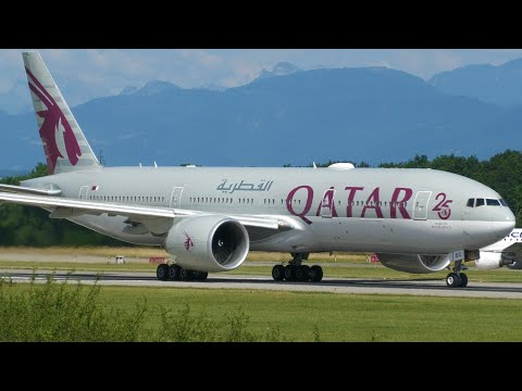 4K | Qatar "25 Years" Boeing 777-200LR takeoff at Geneva/GVA/LSGG