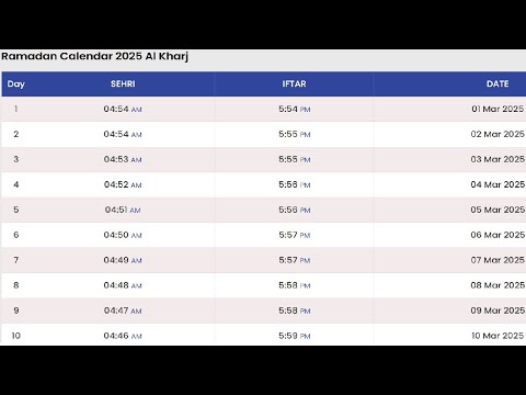 Al Kharj Ramadan Time Table 2025 | Ramadan Calendar 2025 Saudi Arabia