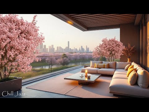 Morning Spring Balcony Ambience with Tranquil Piano Jazz Music & Gentle Cherry Blossoms 🌸⛅