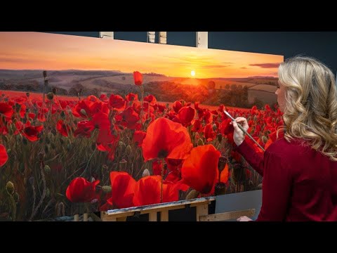 I painted a poppy field at sunset (it took 4 months) | Poppies Oil Painting Timelapse & Tutorial