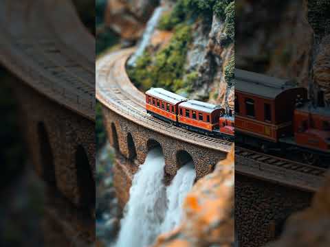 Cute little train over mountain and waterfalls