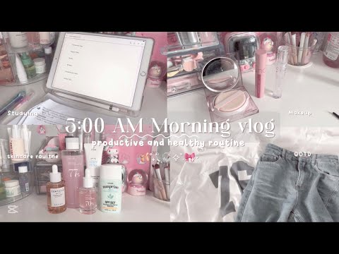 Waking up at 5am vlog ~ ೀ productive, self care, Korean skincare, studying, morning routine…