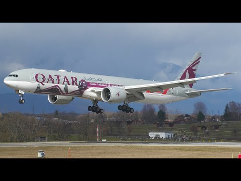 4K | Qatar "Formula 1" Boeing 777-300ER A7-BEL landing at Geneva/GVA/LSGG