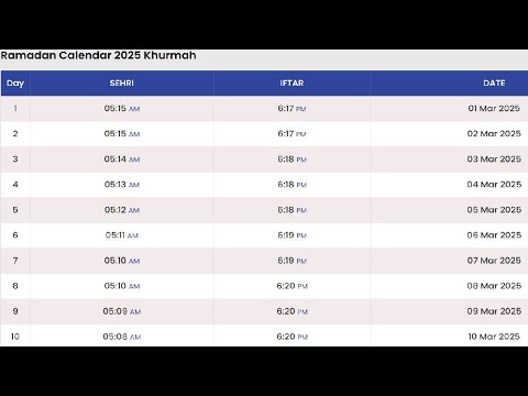 Khurmah Ramadan Time Table 2025 | Ramadan Calendar 2025 Saudi Arabia