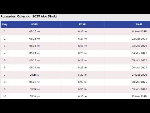 Abu Dhabi Ramadan Time Table Calendar 2025 | UAE Ramadan Calendar 2025