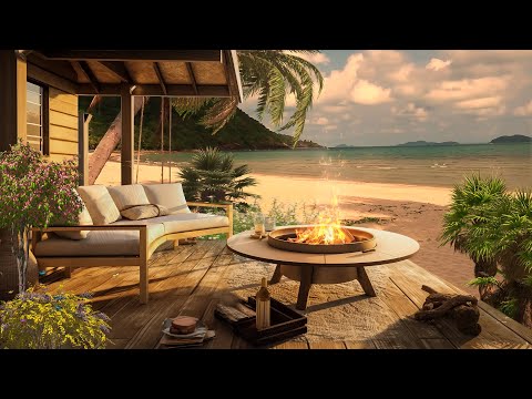 Summer Ambience Sunset in the Maldives | Cozy Porch with Ocean Waves Sound and Campfire, Crickets