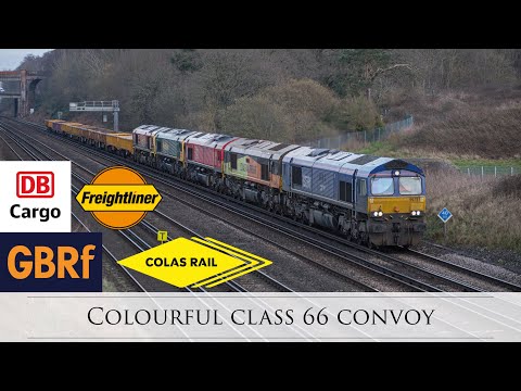 Colourful 5x Class 66 Lash Up through Potbridge 19/02/2024