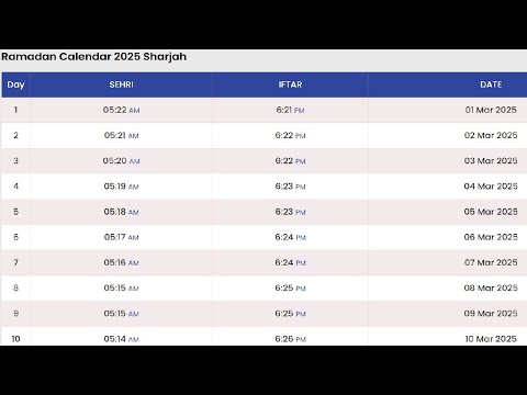 Sharjah Ramadan Time Table Calendar 2025 | UAE Ramadan Calendar 2025