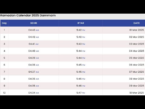 Dammam Ramadan Time Table 2025 | Ramadan Calendar 2025 Saudi Arabia